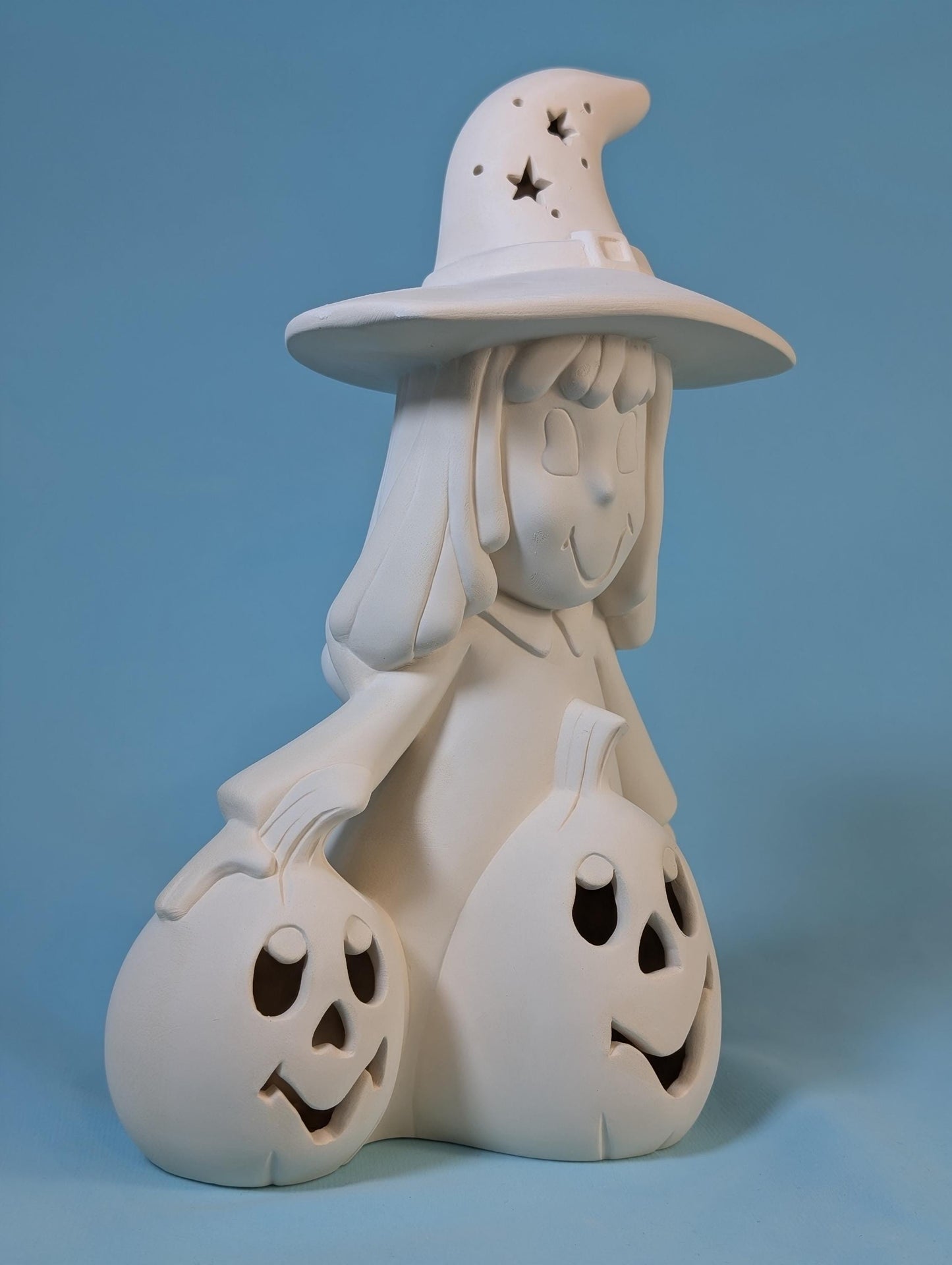 Ceramic Bisque Pumpkin Witch Girl: Unpainted Halloween Craft Project for Spooky DIY Decoration