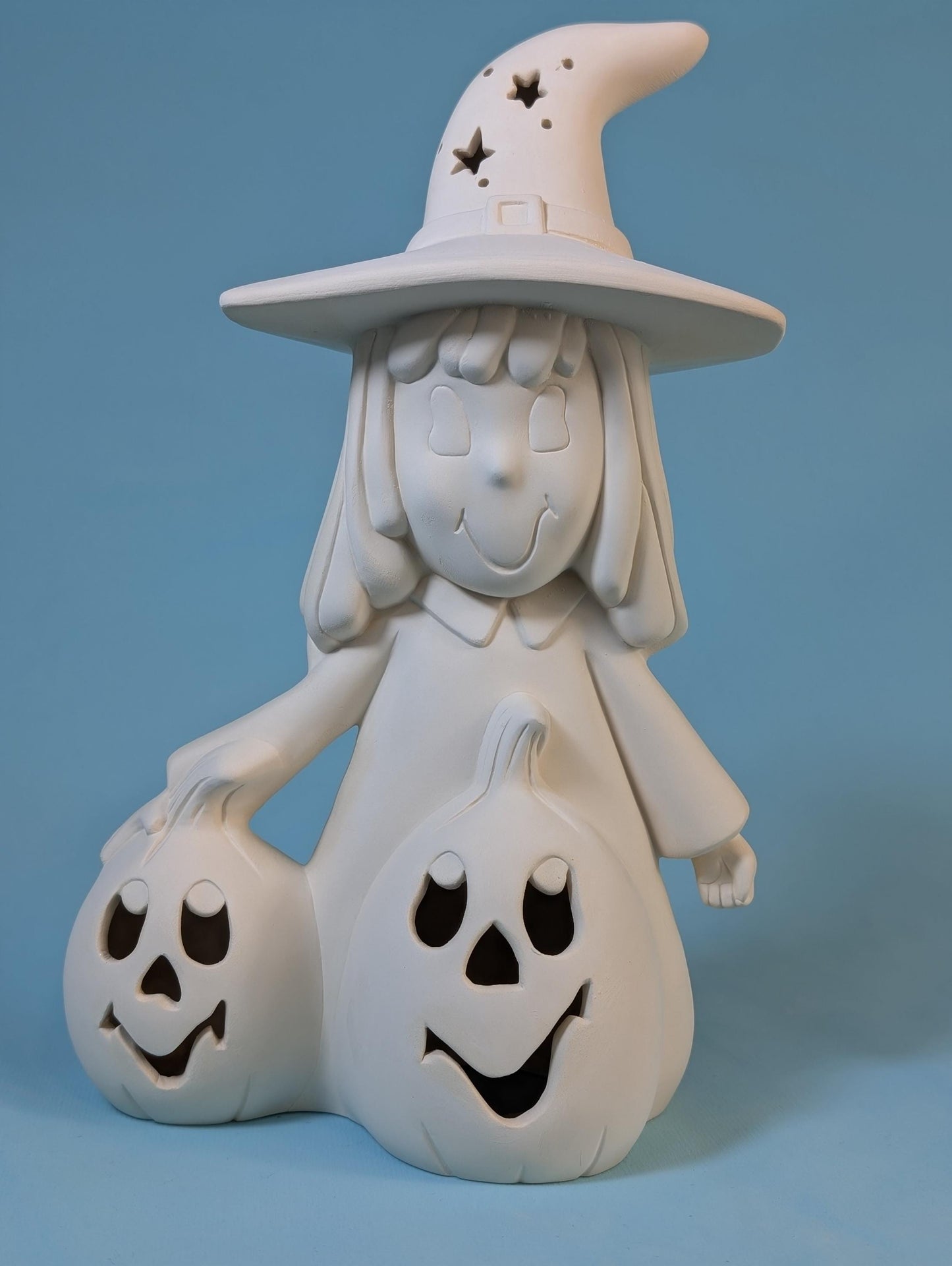 Ceramic Bisque Pumpkin Witch Girl: Unpainted Halloween Craft Project for Spooky DIY Decoration