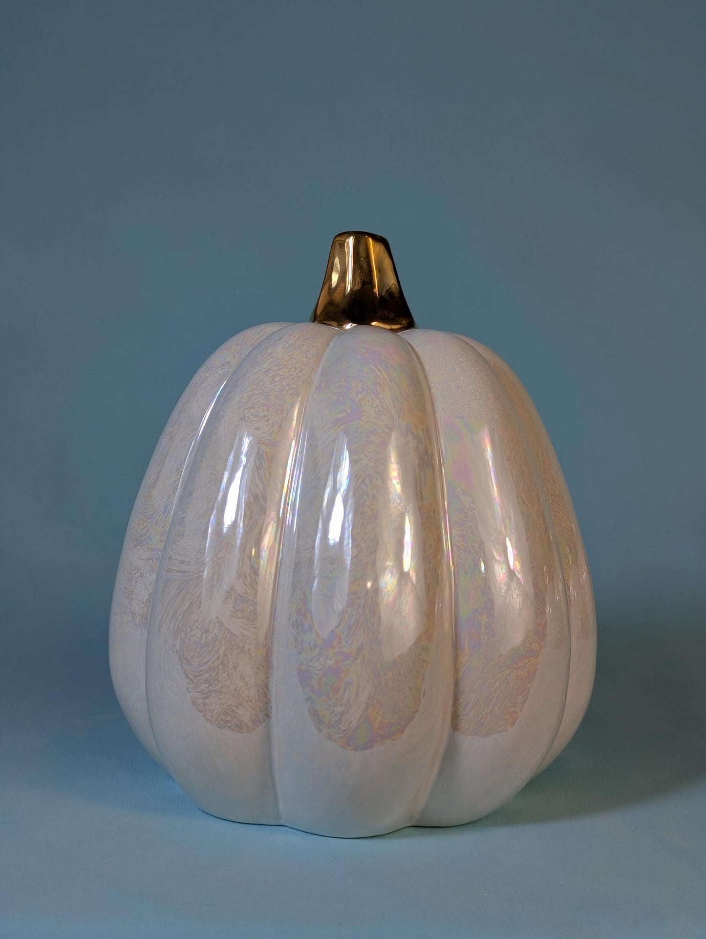 Iridescent Ceramic Pumpkins: Gilded Mother-of-Pearl Glazed Autumn Decor
