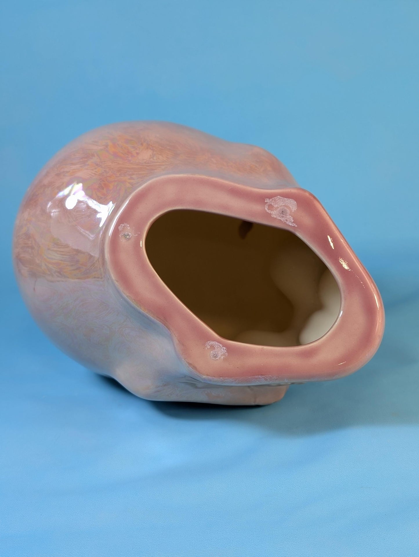 Iridescent Pink Glazed Crystal Skull - Smiling Mother of Pearl Ceramic Summerween Decoration