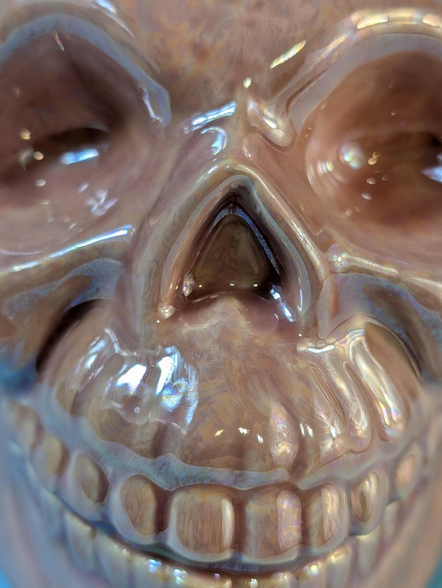 Iridescent Pink Glazed Crystal Skull - Smiling Mother of Pearl Ceramic Summerween Decoration