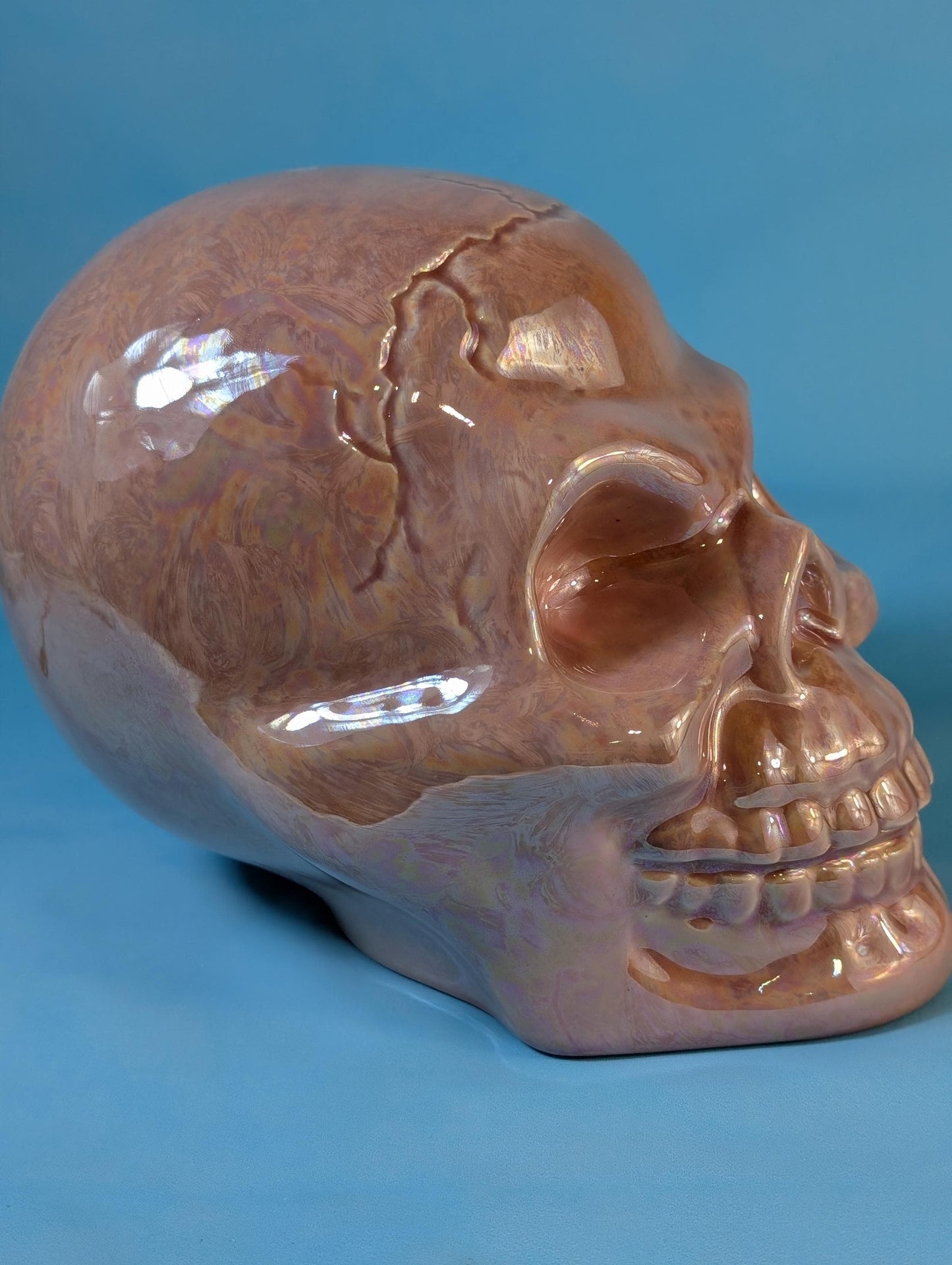Iridescent Pink Glazed Crystal Skull - Smiling Mother of Pearl Ceramic Summerween Decoration