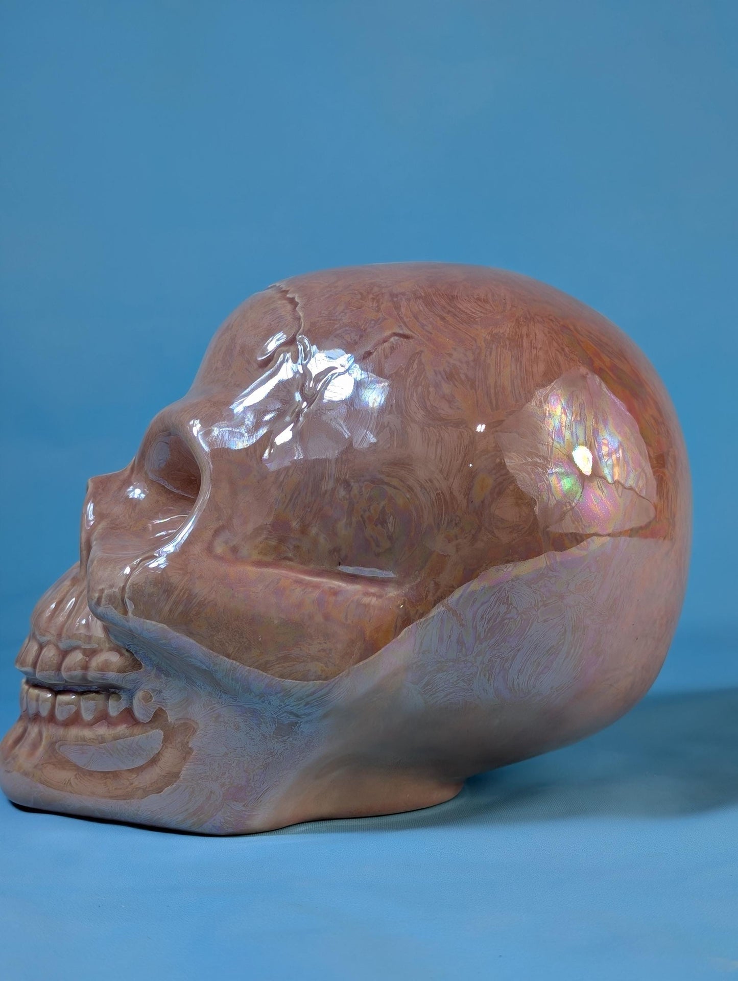Iridescent Pink Glazed Crystal Skull - Smiling Mother of Pearl Ceramic Summerween Decoration
