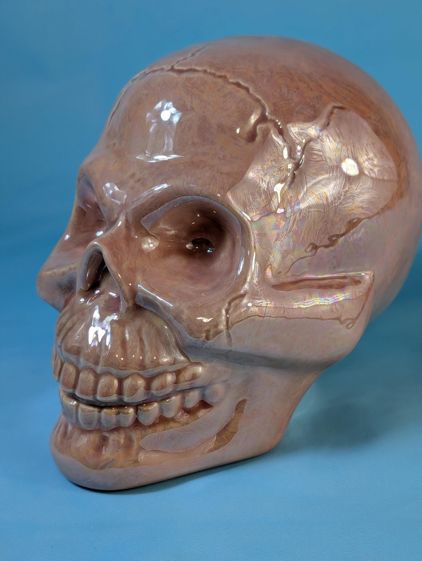 Iridescent Pink Glazed Crystal Skull - Smiling Mother of Pearl Ceramic Summerween Decoration
