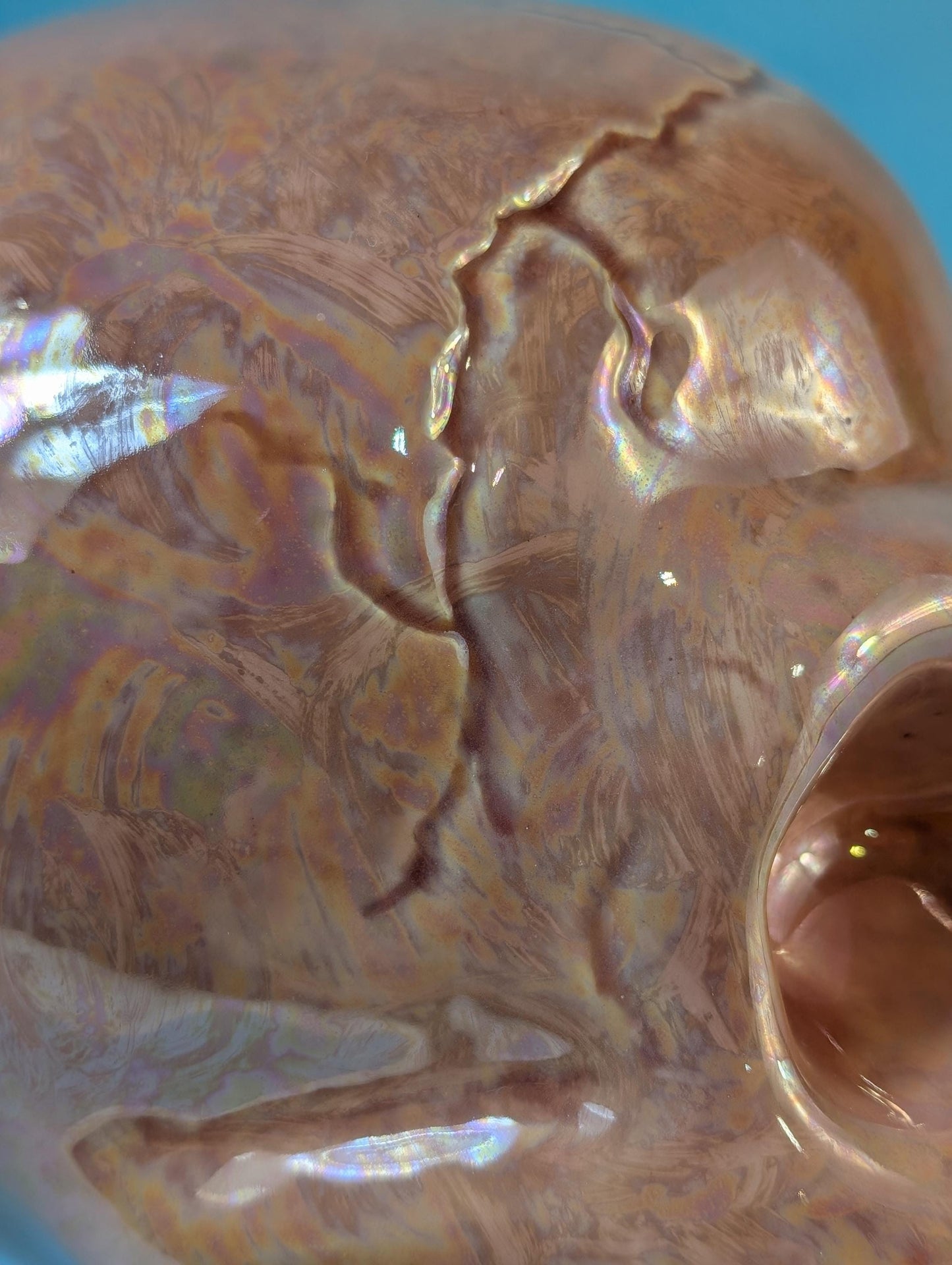 Iridescent Pink Glazed Crystal Skull - Smiling Mother of Pearl Ceramic Summerween Decoration