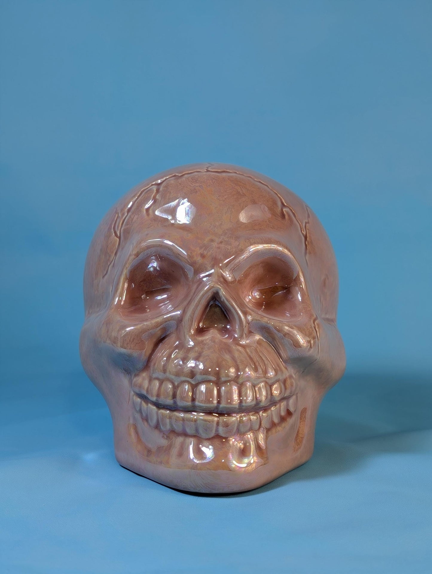 Iridescent Pink Glazed Crystal Skull - Smiling Mother of Pearl Ceramic Summerween Decoration