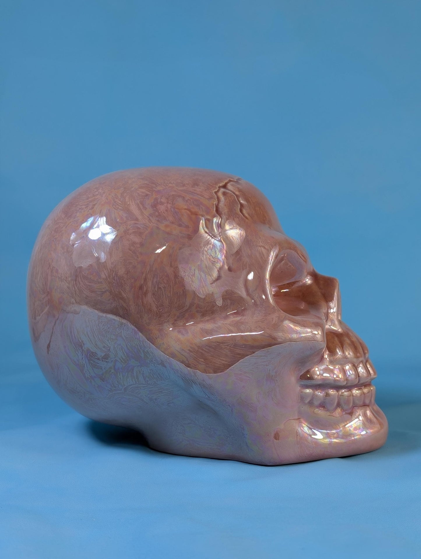Iridescent Pink Glazed Crystal Skull - Smiling Mother of Pearl Ceramic Summerween Decoration