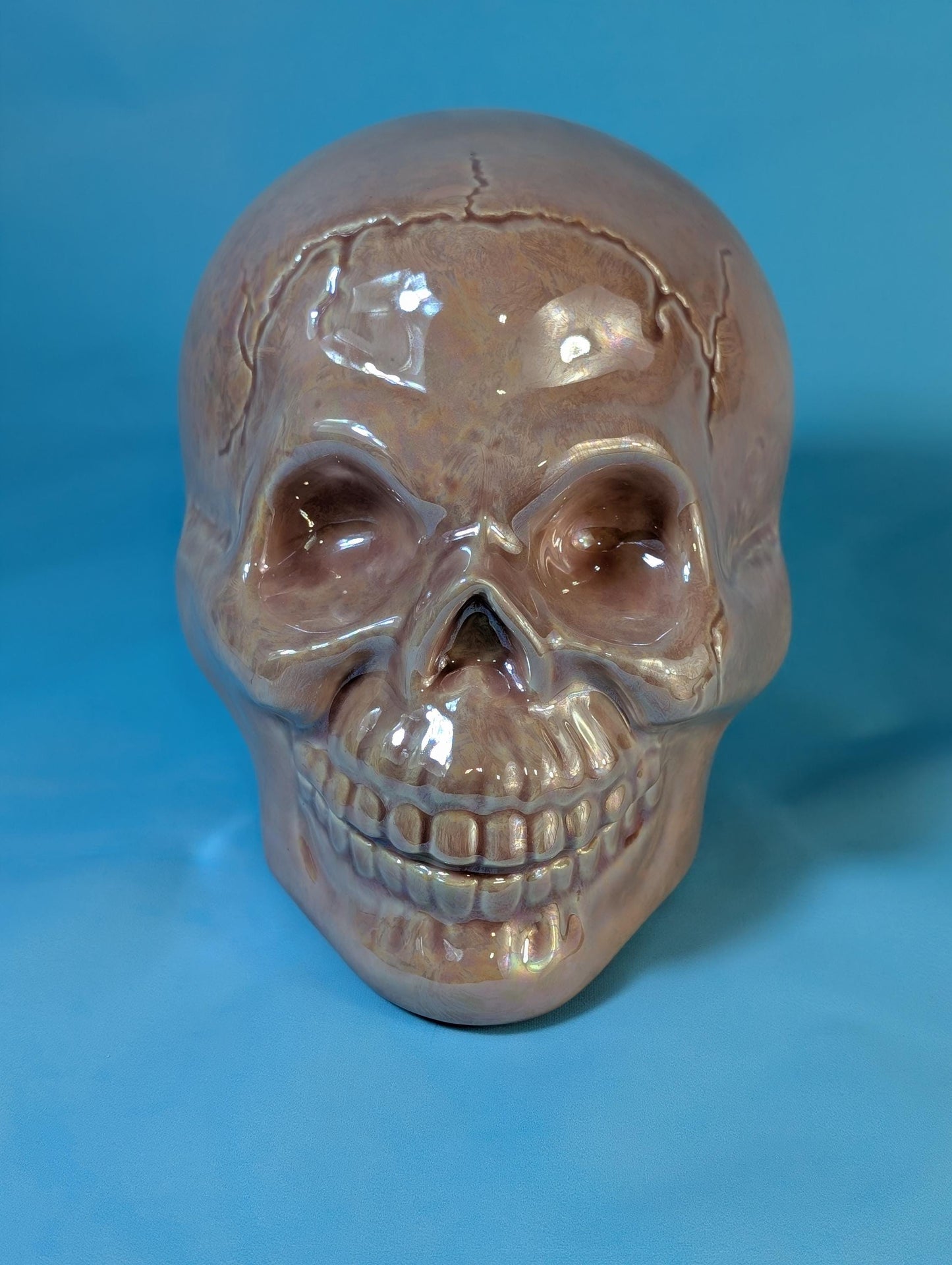 Iridescent Pink Glazed Crystal Skull - Smiling Mother of Pearl Ceramic Summerween Decoration
