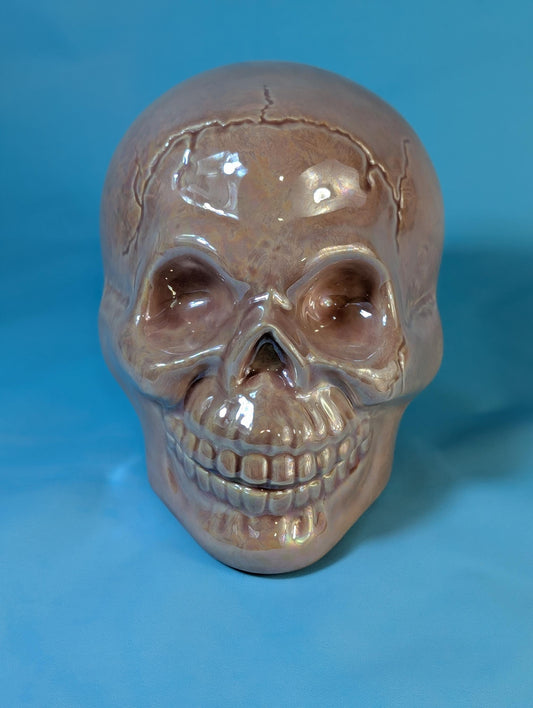 Iridescent Pink Glazed Crystal Skull - Smiling Mother of Pearl Ceramic Summerween Decoration