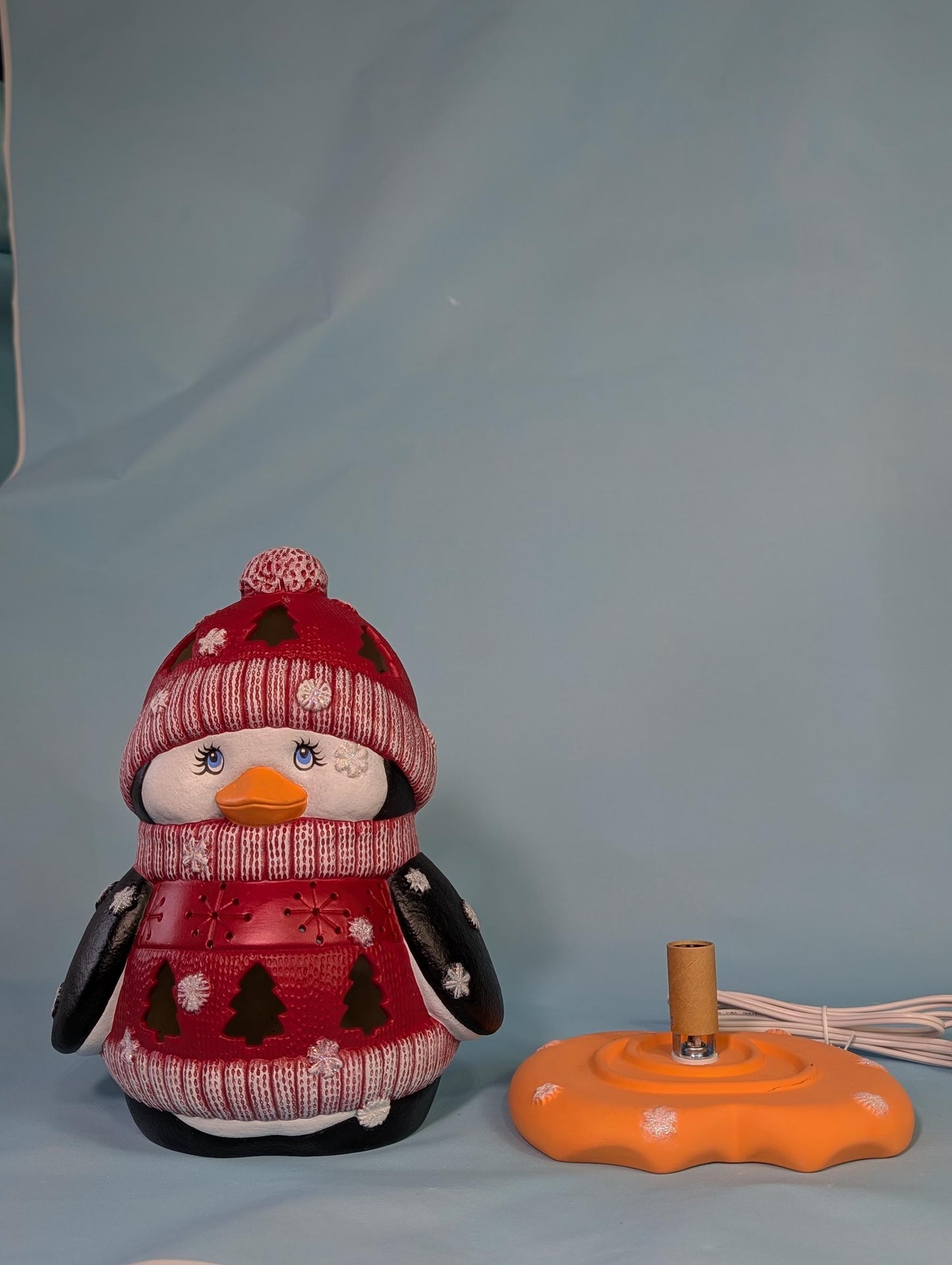 Ceramic Penguin - Lighted Penguin - Penguin night light in Blue sweater - Gift for Mom - Winter Decor - Penguin centerpiece - Cute Penguin - Teresa's Ceramics