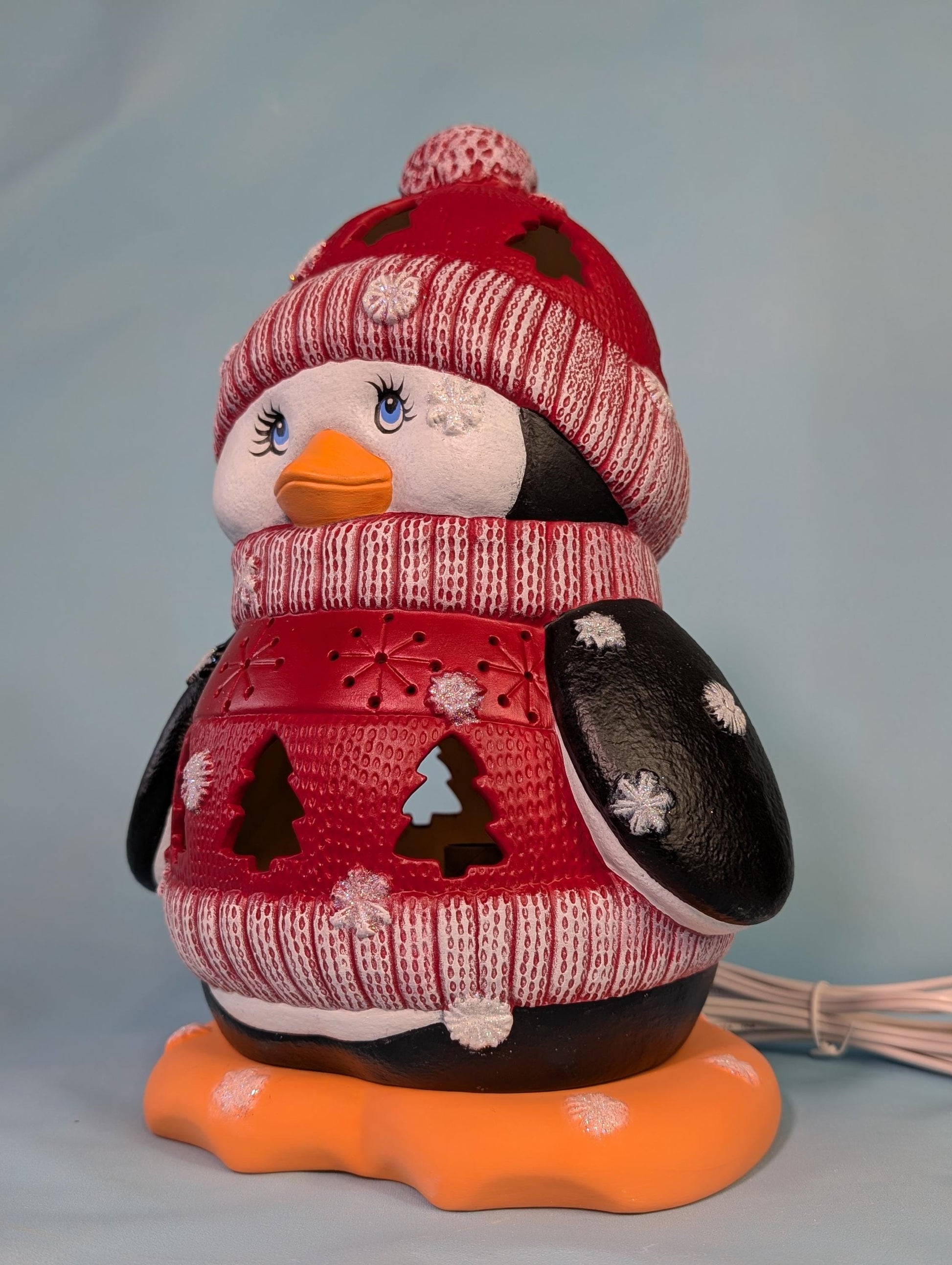 Ceramic Penguin - Lighted Penguin - Penguin night light in Blue sweater - Gift for Mom - Winter Decor - Penguin centerpiece - Cute Penguin - Teresa's Ceramics
