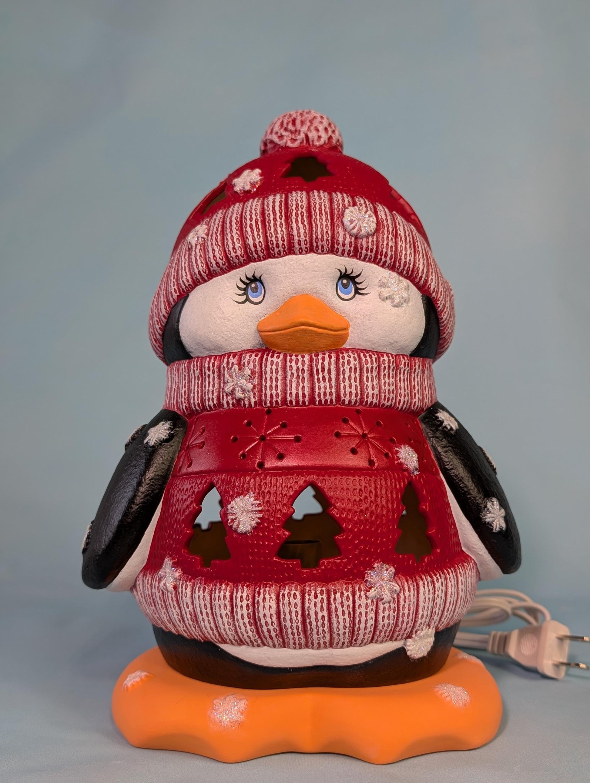 Ceramic Penguin - Lighted Penguin - Penguin night light in Blue sweater - Gift for Mom - Winter Decor - Penguin centerpiece - Cute Penguin - Teresa's Ceramics