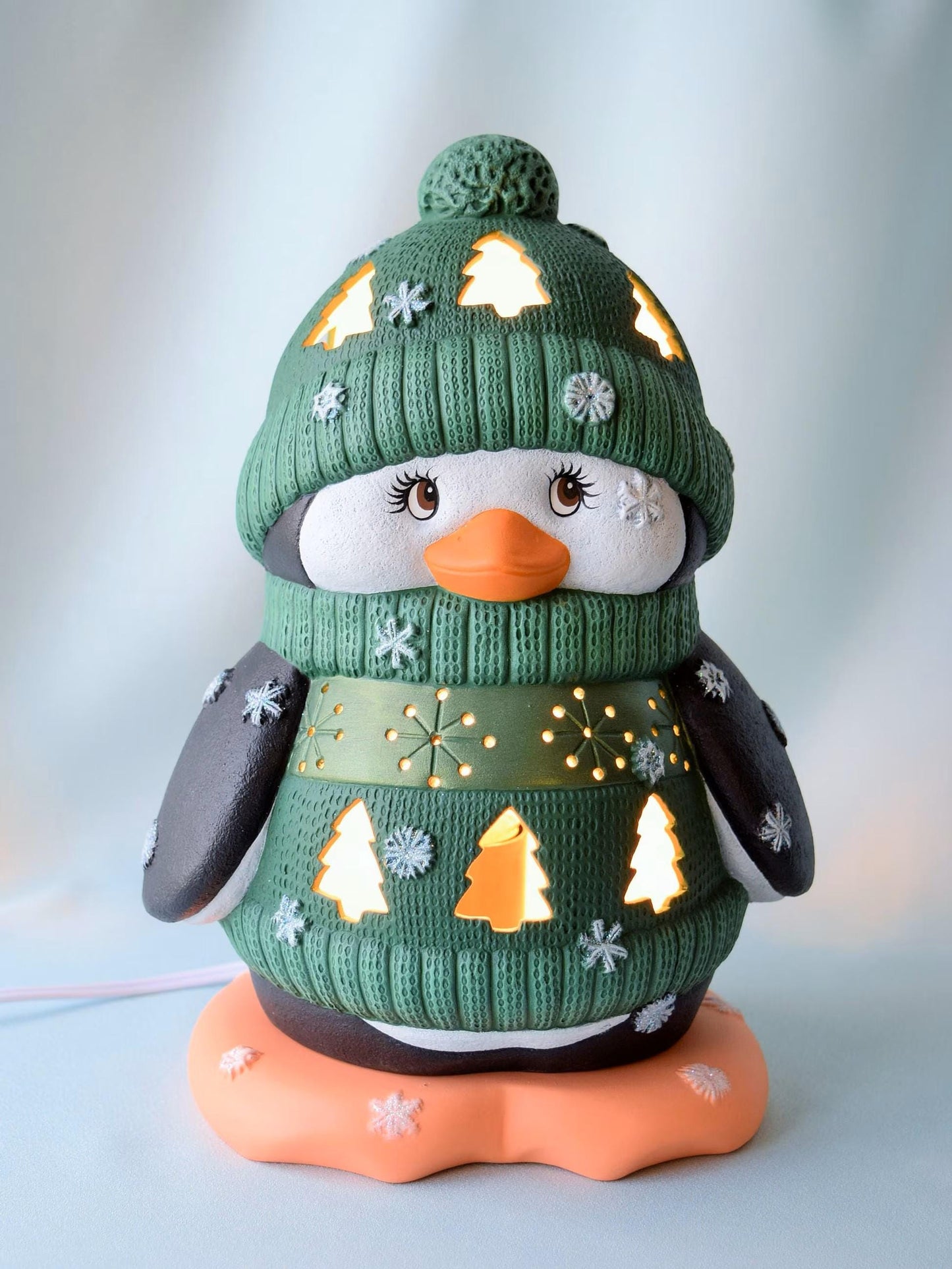 Ceramic Penguin - Lighted Penguin - Penguin night light in Blue sweater - Gift for Mom - Winter Decor - Penguin centerpiece - Cute Penguin - Teresa's Ceramics