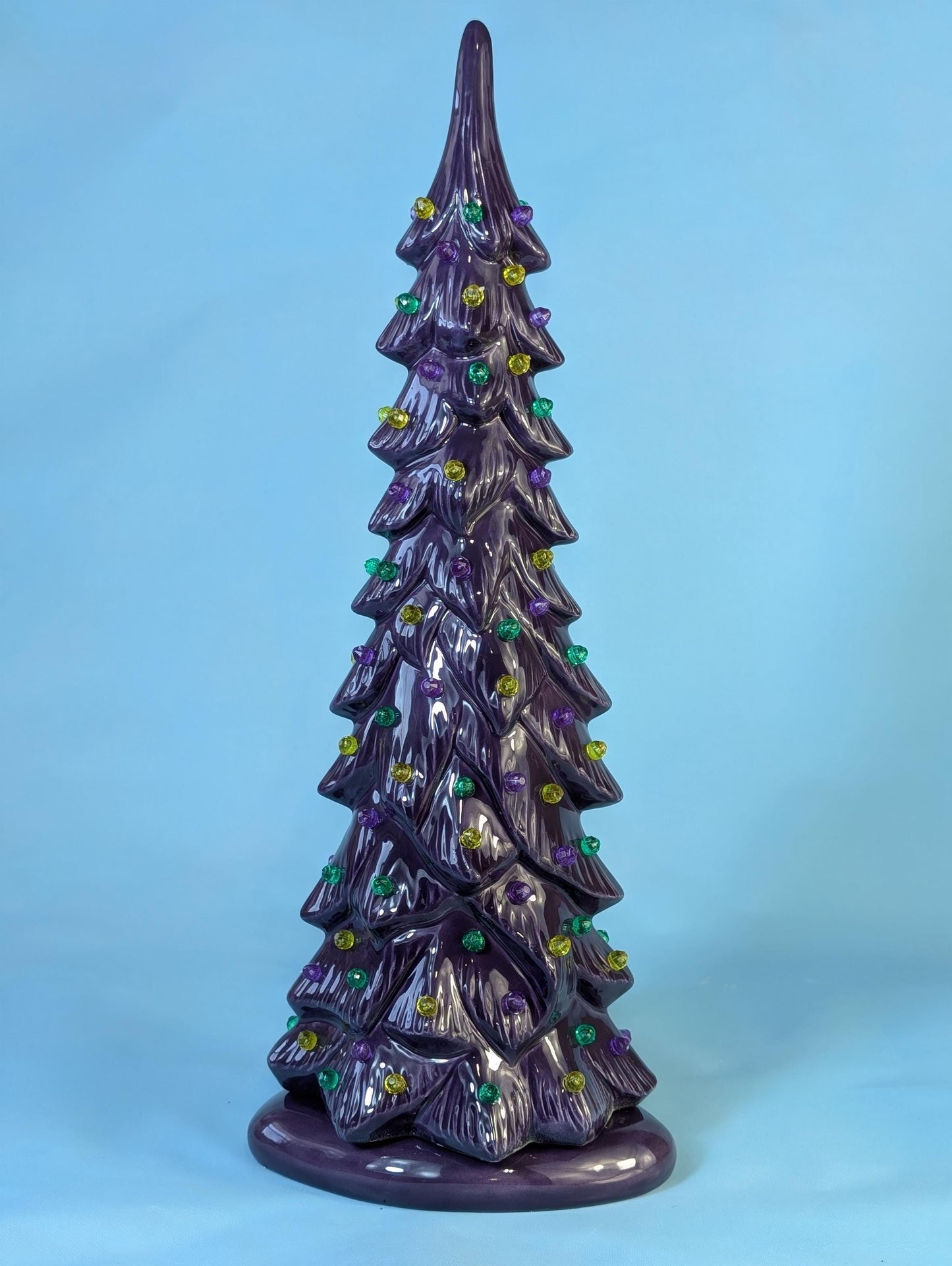 Mardis Gras Themed Ceramic Lighted Tree | Beautiful Wispy Style Pine | 3 Different Sizes