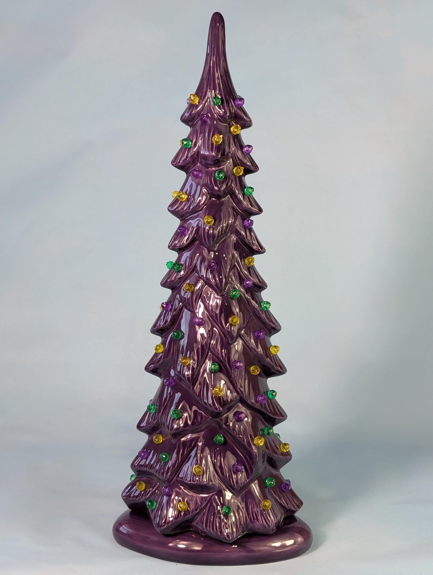 Mardis Gras Themed Ceramic Lighted Tree | Beautiful Wispy Style Pine | 3 Different Sizes