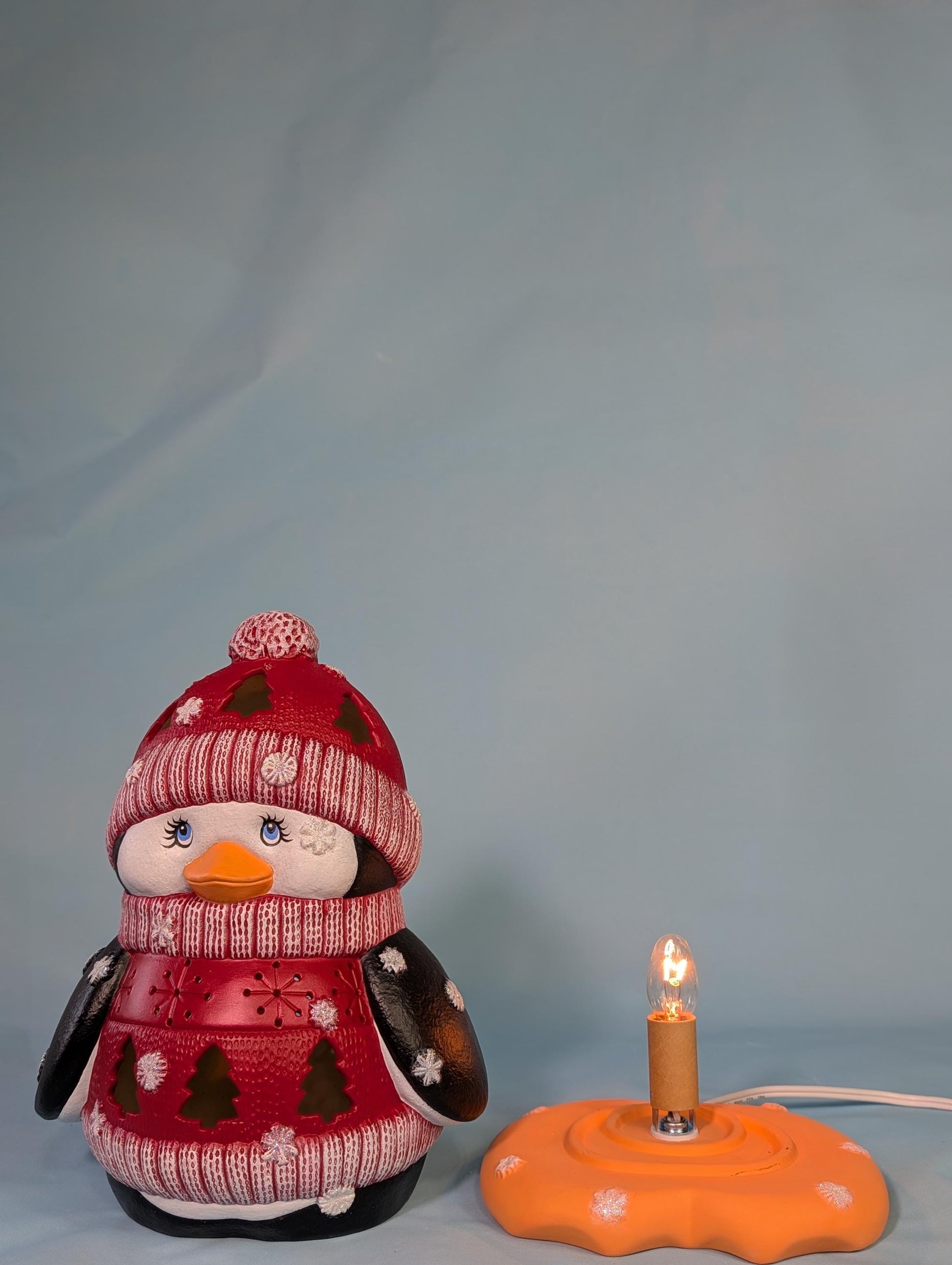 Ceramic Penguin - Lighted Penguin - Penguin night light in Blue sweater - Gift for Mom - Winter Decor - Penguin centerpiece - Cute Penguin - Teresa's Ceramics