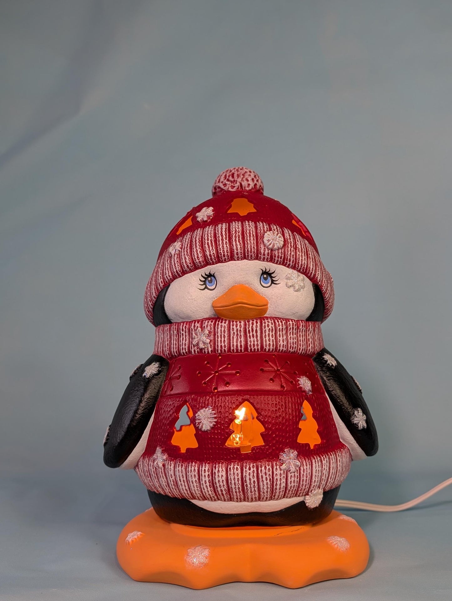 Ceramic Penguin - Lighted Penguin - Penguin night light in Blue sweater - Gift for Mom - Winter Decor - Penguin centerpiece - Cute Penguin - Teresa's Ceramics