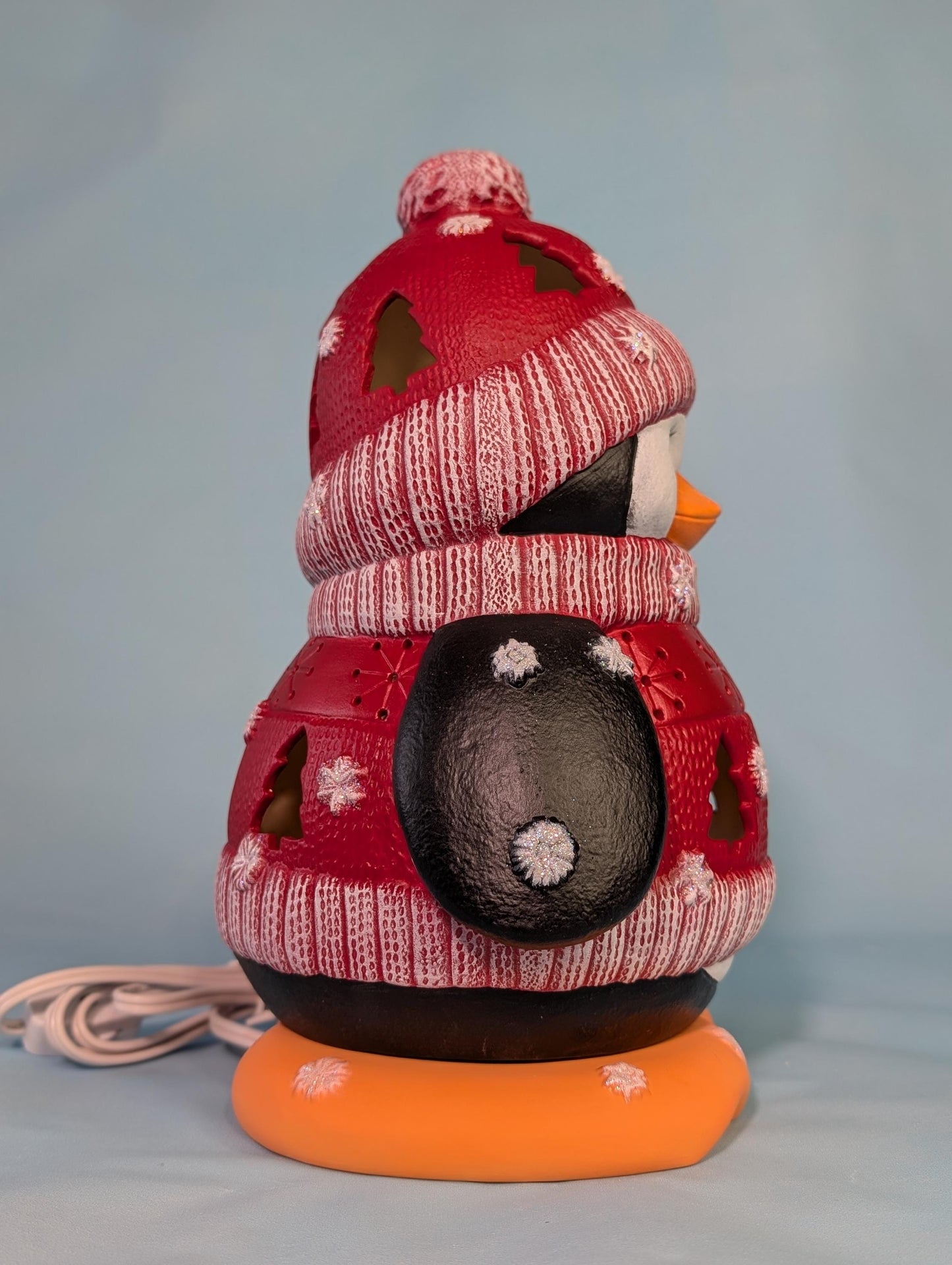 Ceramic Penguin - Lighted Penguin - Penguin night light in Blue sweater - Gift for Mom - Winter Decor - Penguin centerpiece - Cute Penguin - Teresa's Ceramics