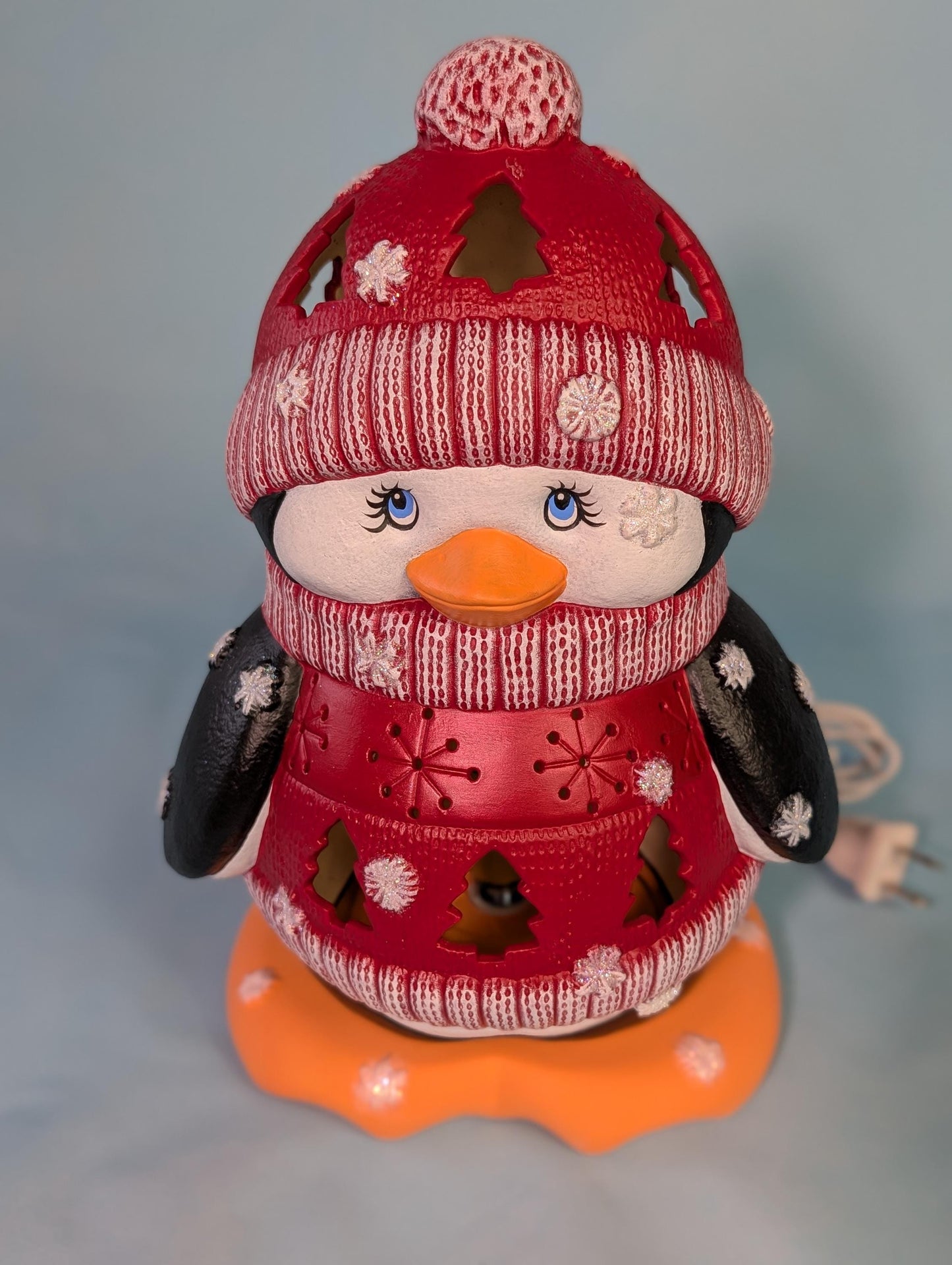Ceramic Penguin - Lighted Penguin - Penguin night light in Blue sweater - Gift for Mom - Winter Decor - Penguin centerpiece - Cute Penguin - Teresa's Ceramics