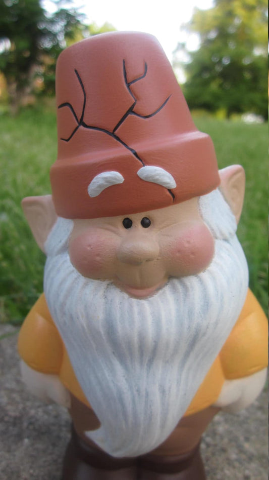 Ceramic Garden Gnome statue, cute gnome with a flower pot hat, yard art garden gnome