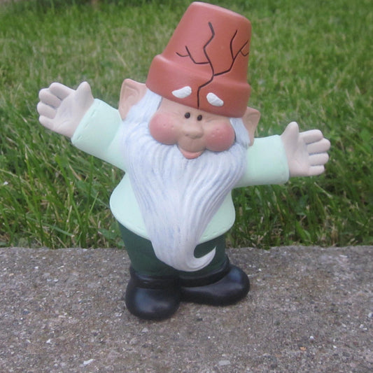 Ceramic Garden Gnome statue, welcoming arms, cute gnome statue, yard art gnome with a  flower pot hat