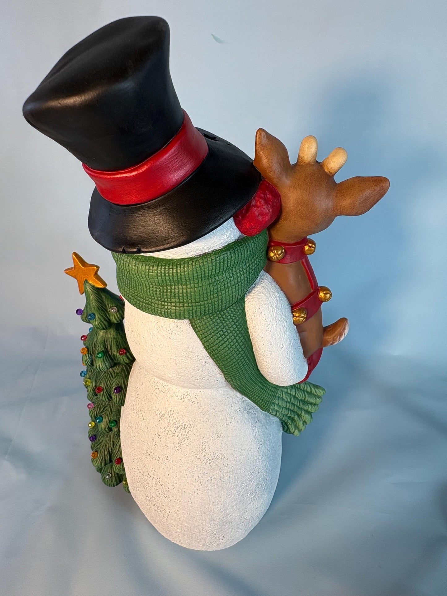 Lighted Ceramic Snowman with Reindeer, Christmas Tree, Holiday Diorama (13.75" Tall)