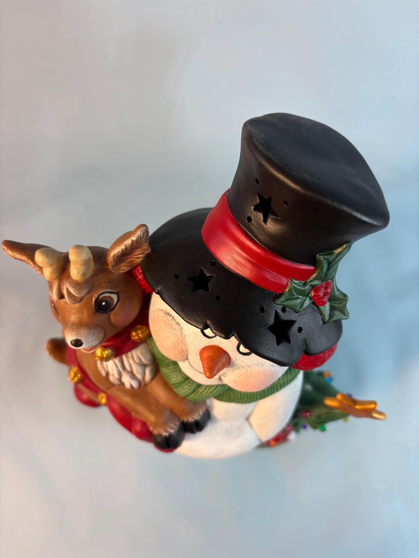Lighted Ceramic Snowman with Reindeer, Christmas Tree, Holiday Diorama (13.75" Tall)