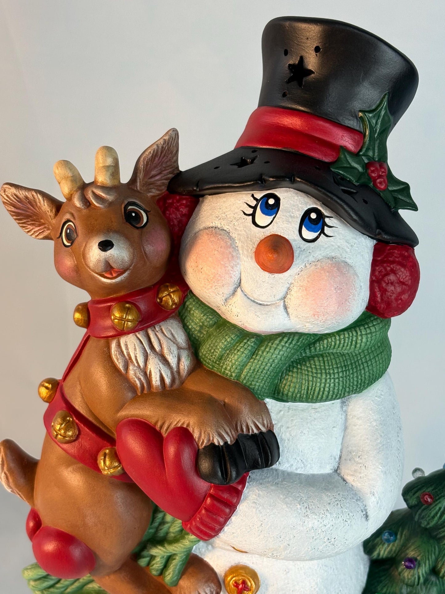 Lighted Ceramic Snowman with Reindeer, Christmas Tree, Holiday Diorama (13.75" Tall)