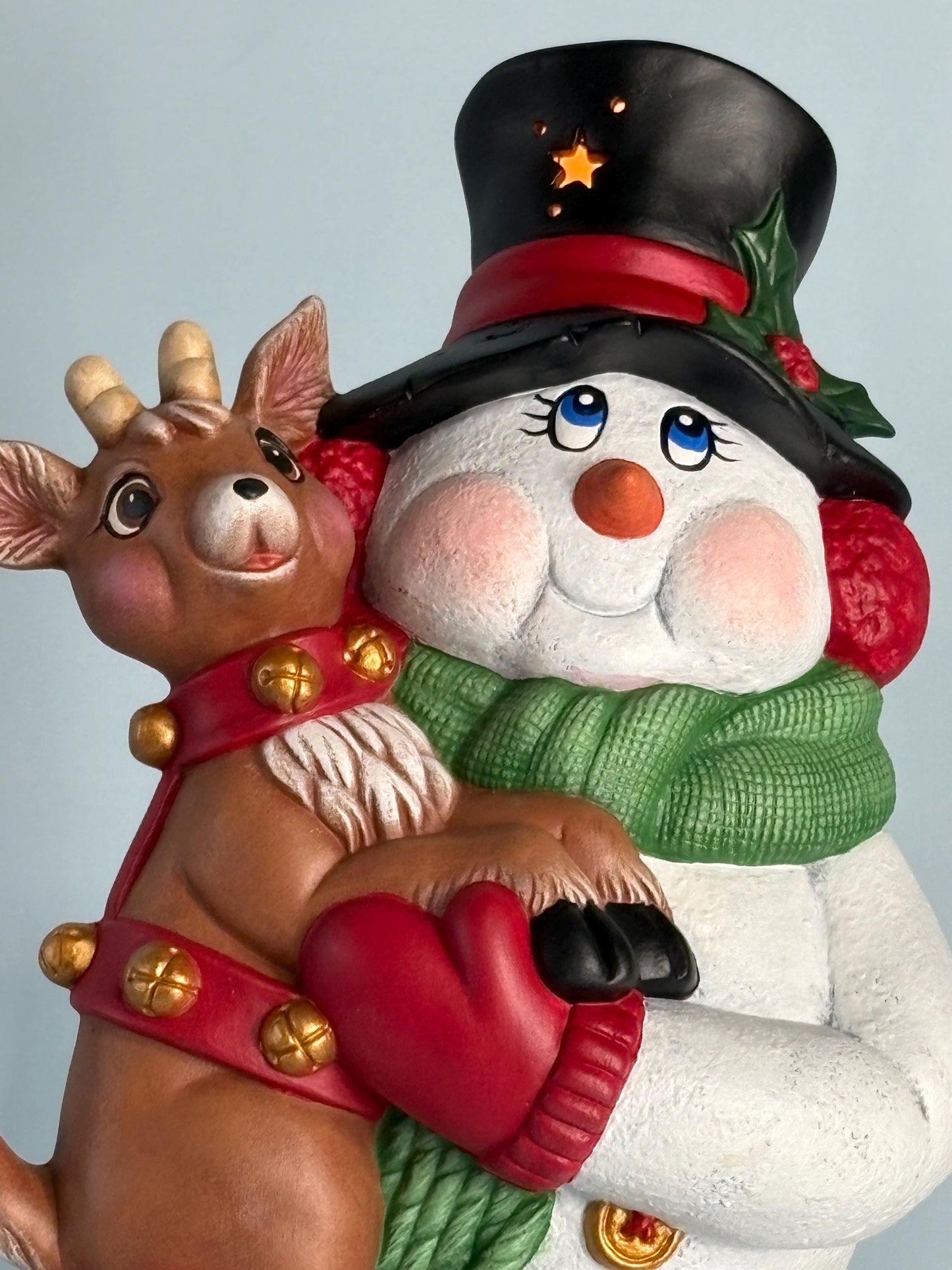 Lighted Ceramic Snowman with Reindeer, Christmas Tree, Holiday Diorama (13.75" Tall)