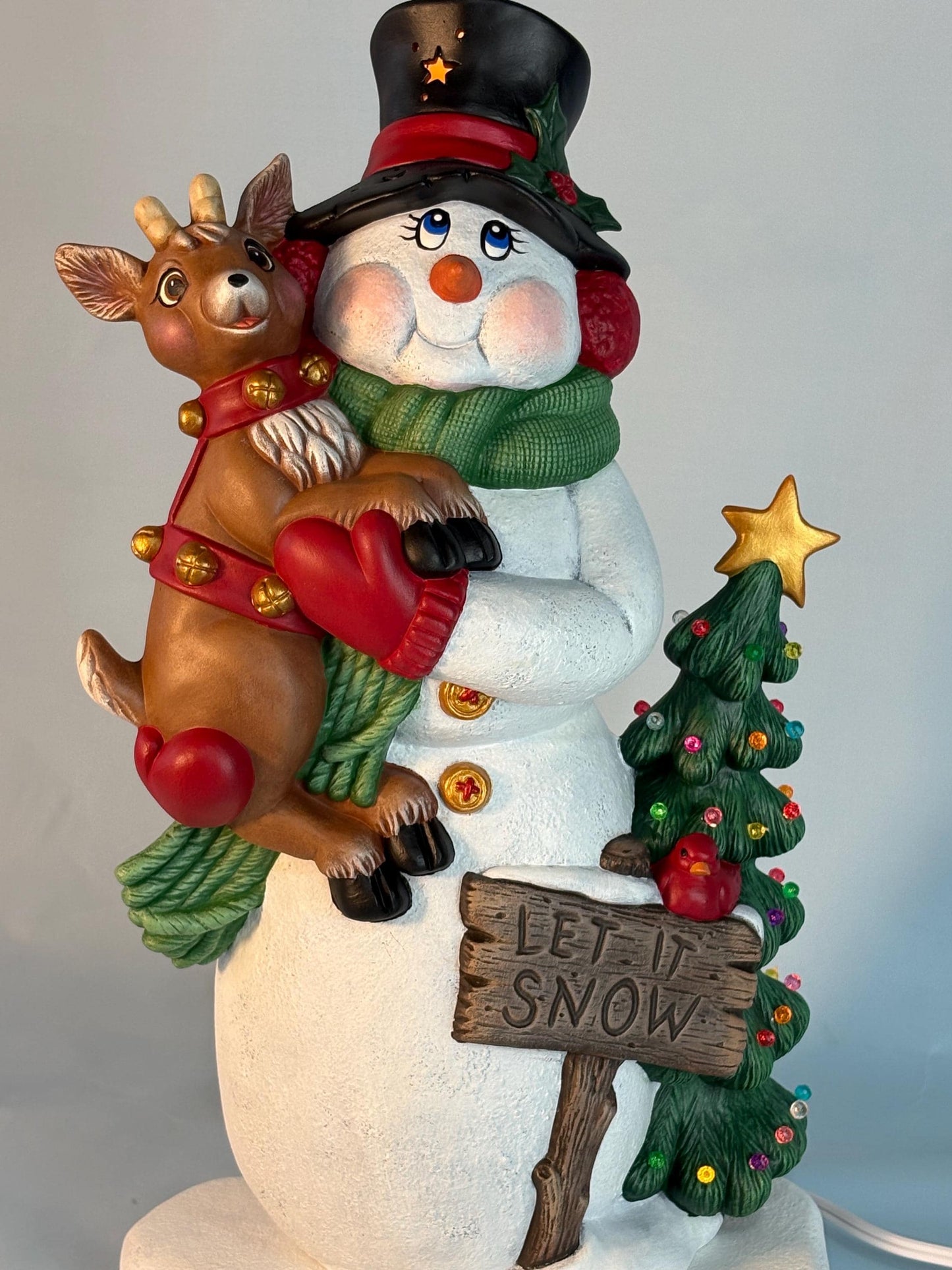 Lighted Ceramic Snowman with Reindeer, Christmas Tree, Holiday Diorama (13.75" Tall)