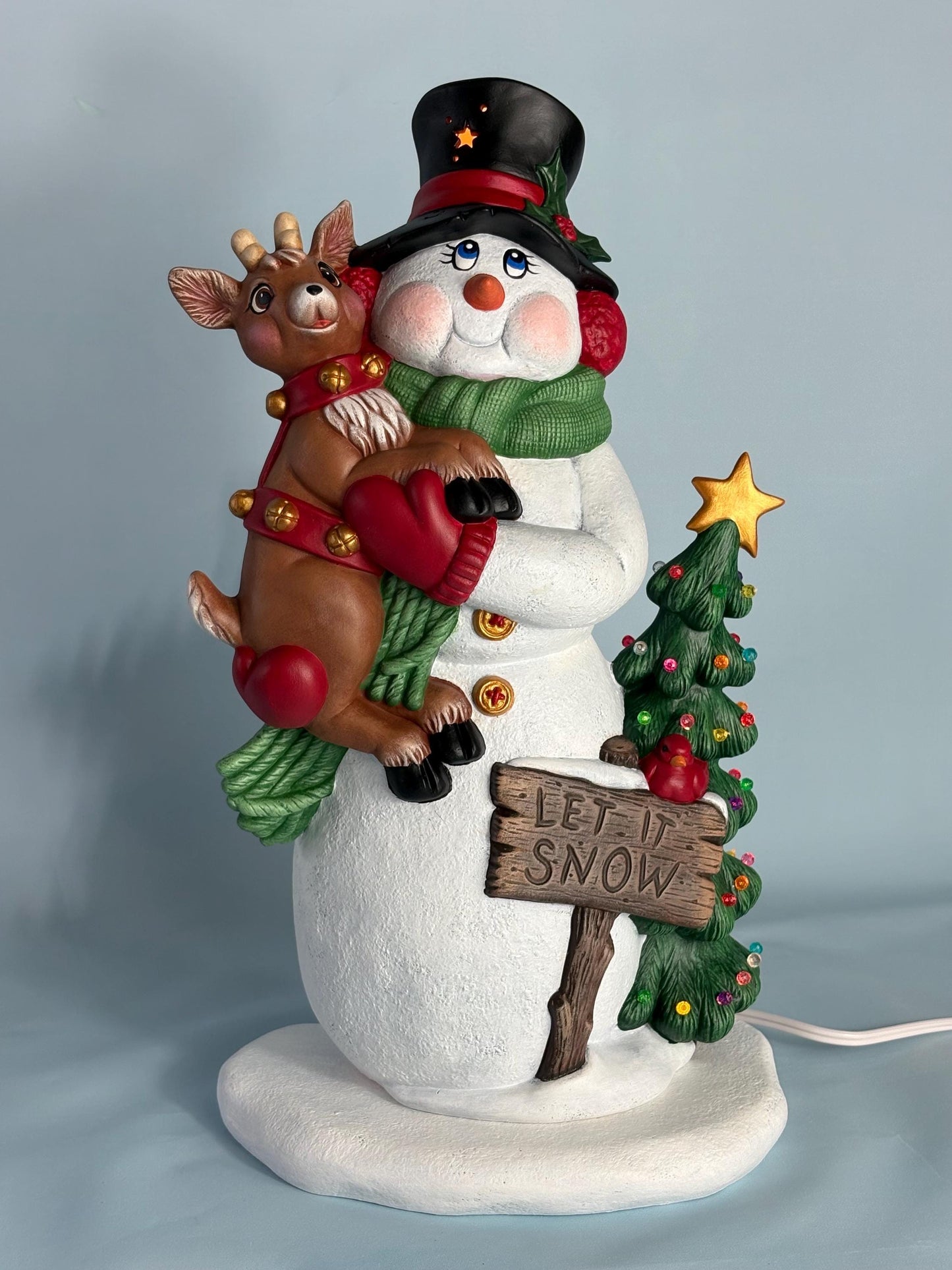 Lighted Ceramic Snowman with Reindeer, Christmas Tree, Holiday Diorama (13.75" Tall)