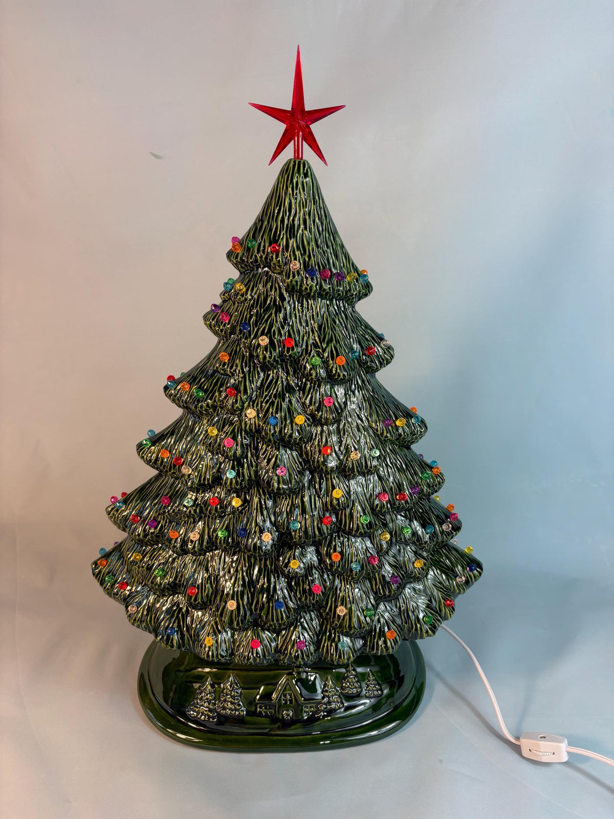 15" Glazed Ceramic Christmas Tree – Multicolored Pin Lights, Star Topper