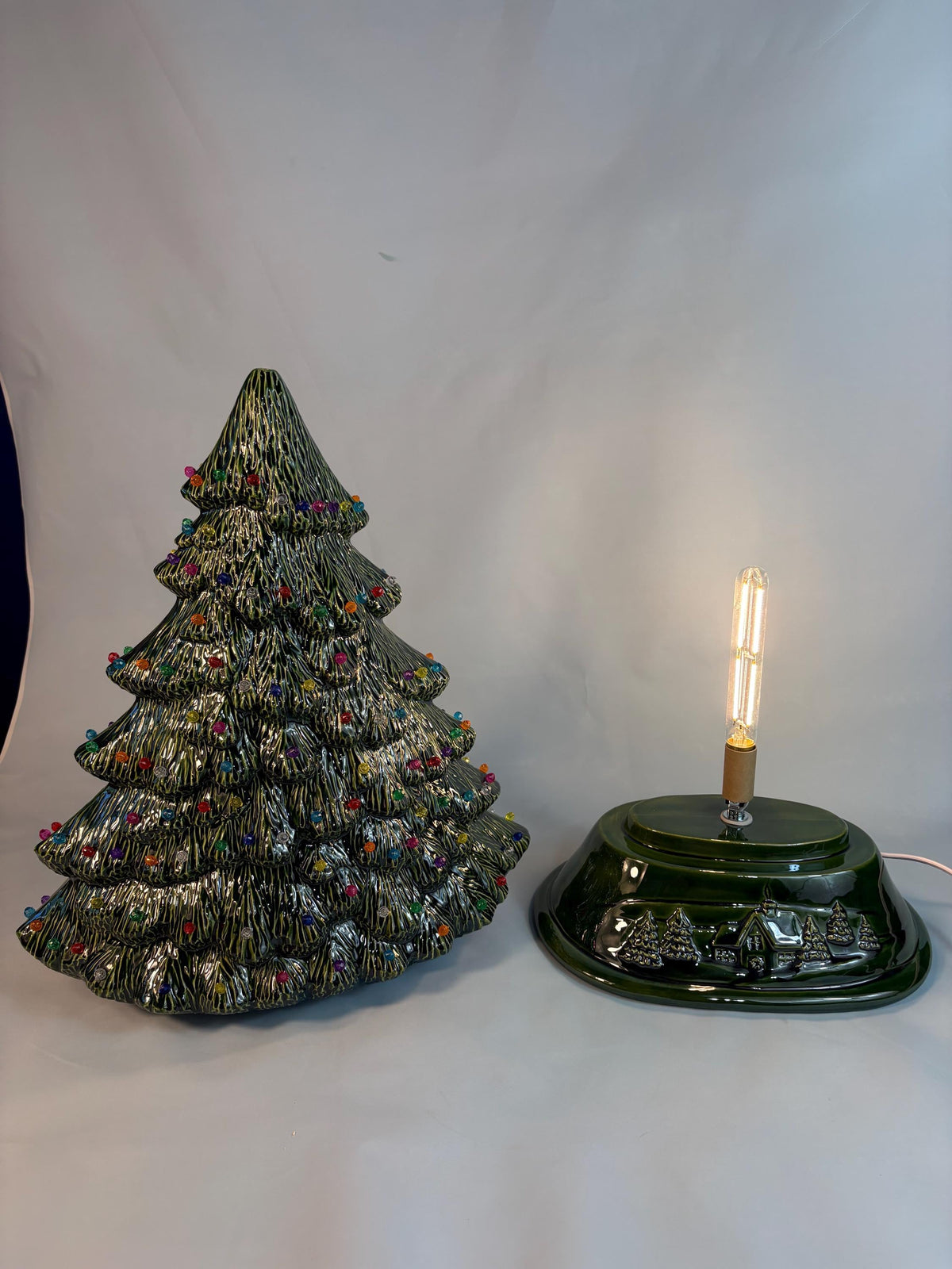 15" Glazed Ceramic Christmas Tree – Multicolored Pin Lights, Star Topper
