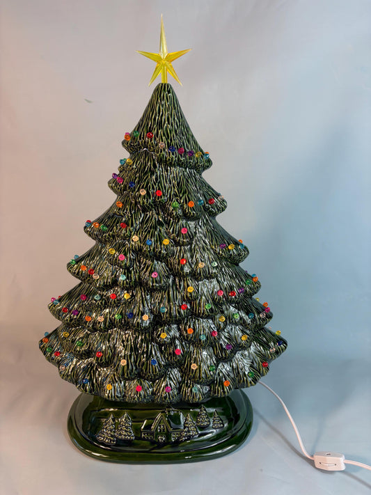 15" Glazed Ceramic Christmas Tree – Multicolored Pin Lights, Star Topper
