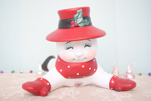 Snowman sliding on His Belly - Top Hat snowman - Red and white - Sledding - Gift idea - Cute Snowman - Teresa's Ceramics