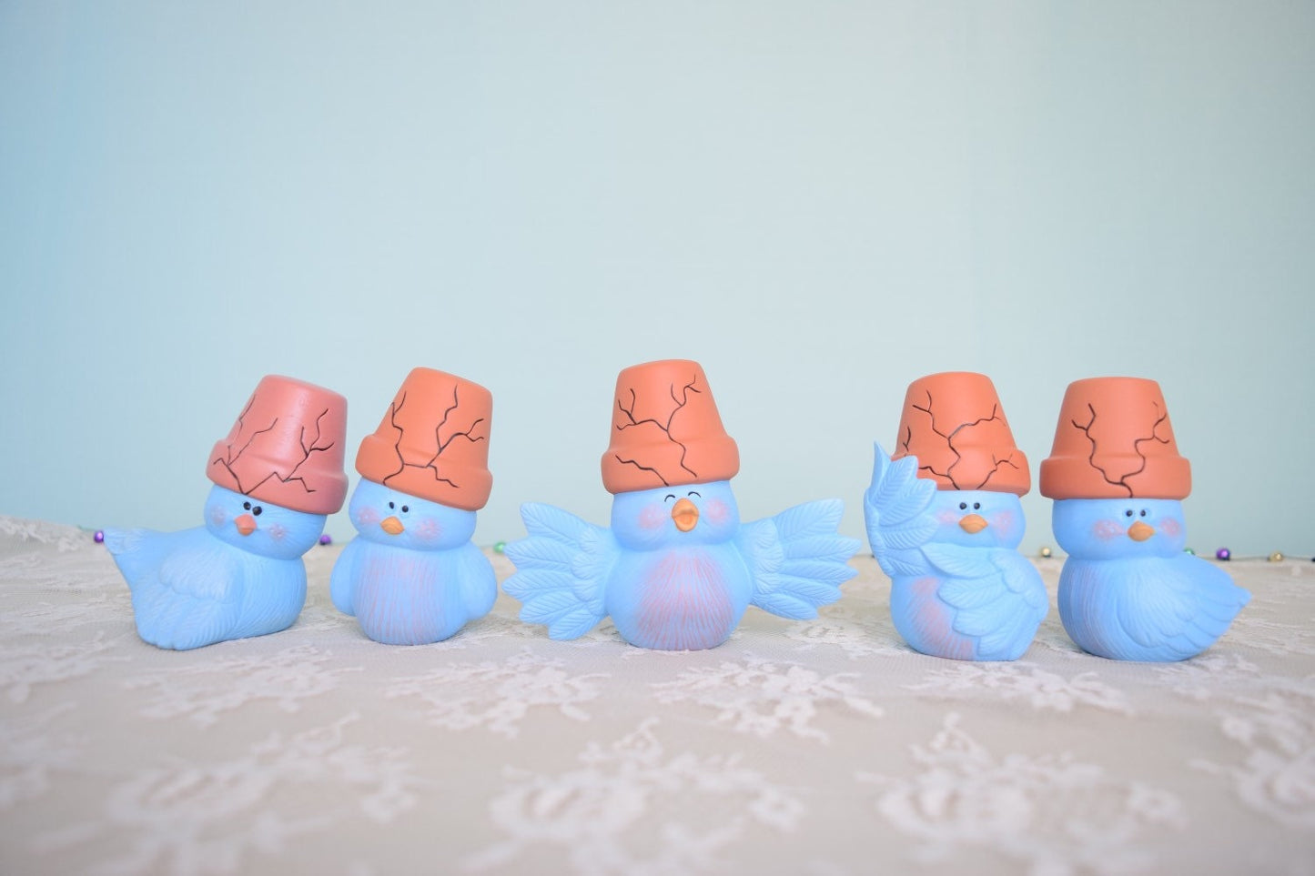 Whimsical Blue Ceramic Garden Birds with Flower Pots - Outdoor Decor, Stocking Stuffers, Miniature Art