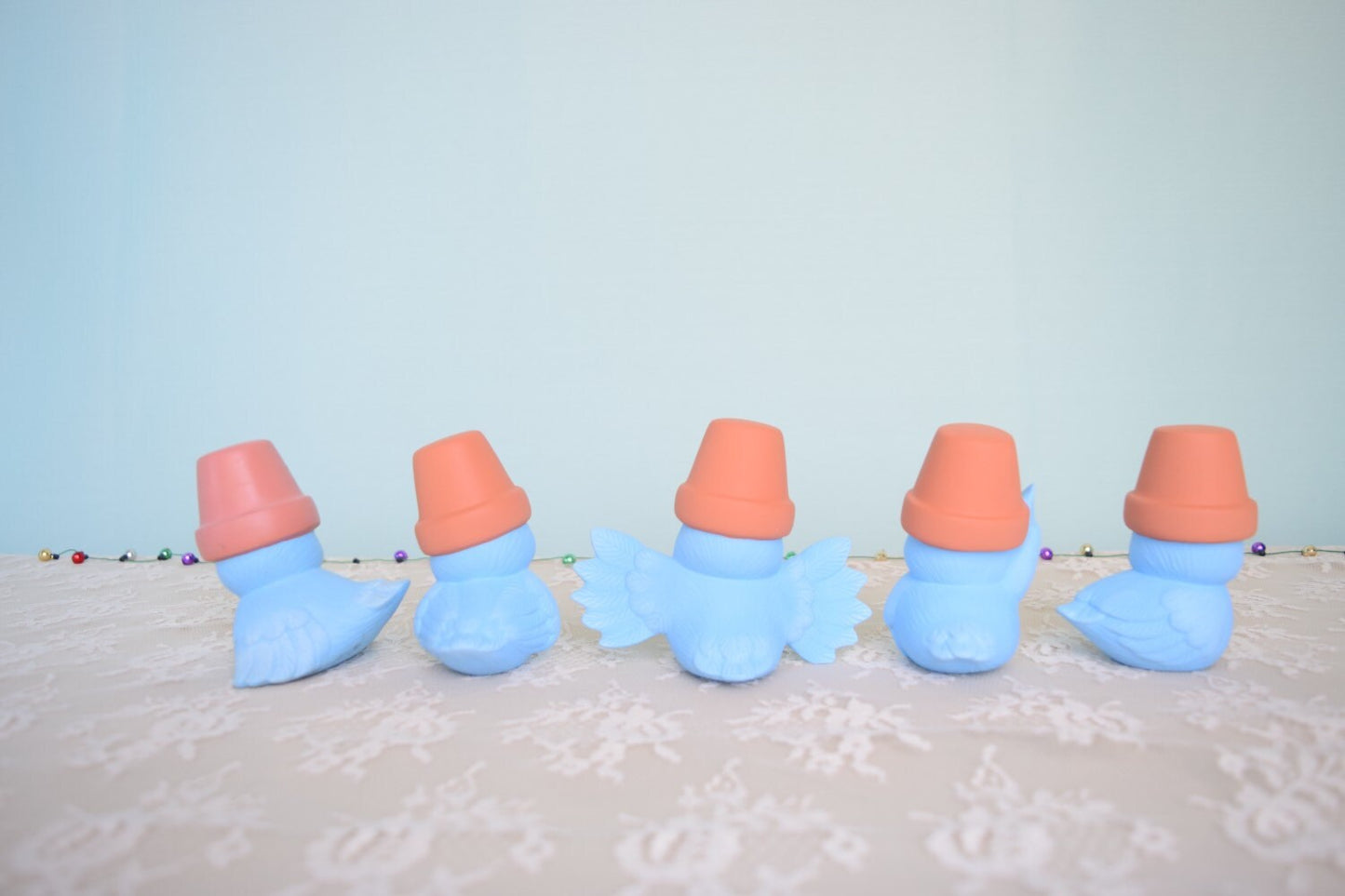 Whimsical Blue Ceramic Garden Birds with Flower Pots - Outdoor Decor, Stocking Stuffers, Miniature Art