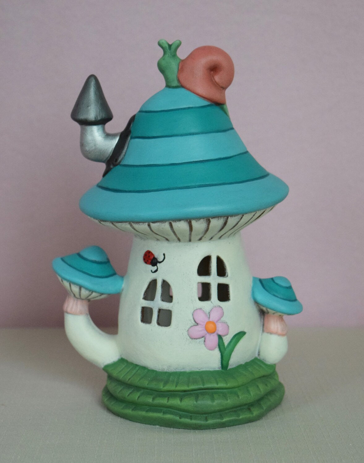 Whimsical Ceramic Fairy Garden House: Striped Turquoise Tealight Holder with Snail & Ladybug Accessories
