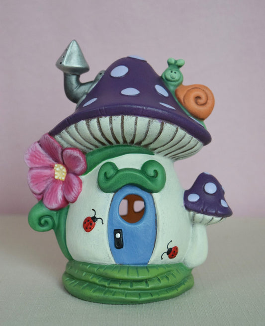 Enchanting Polka Dot Mushroom Fairy House: Illuminated Purple Snail Garden Decor with Tea Light Holder