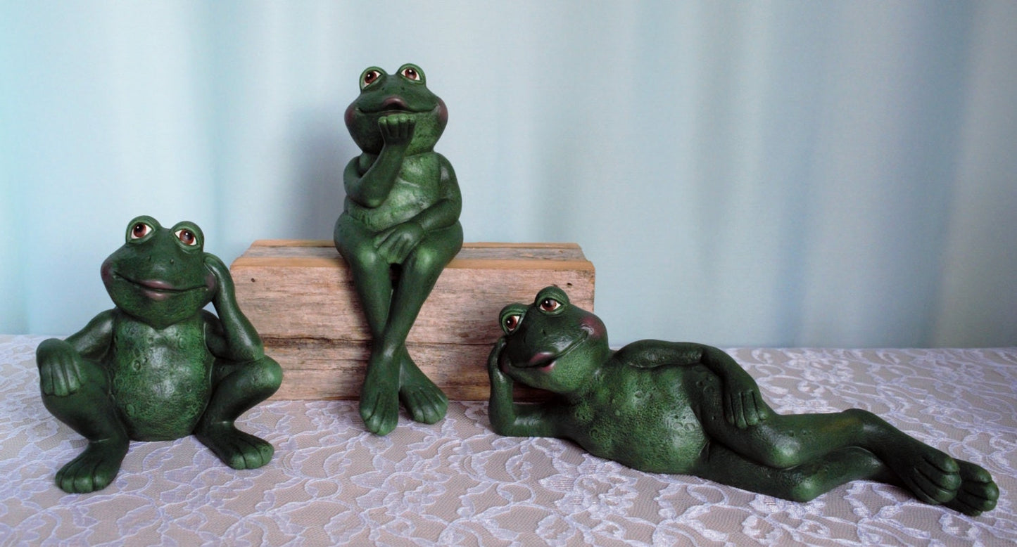 Trio of Frogs - Charming Ceramic  Kissing- Lying and thinking - Garden Ornaments, Patio Decor, Shelf Sitter, Yard Art - Teresa's Ceramics