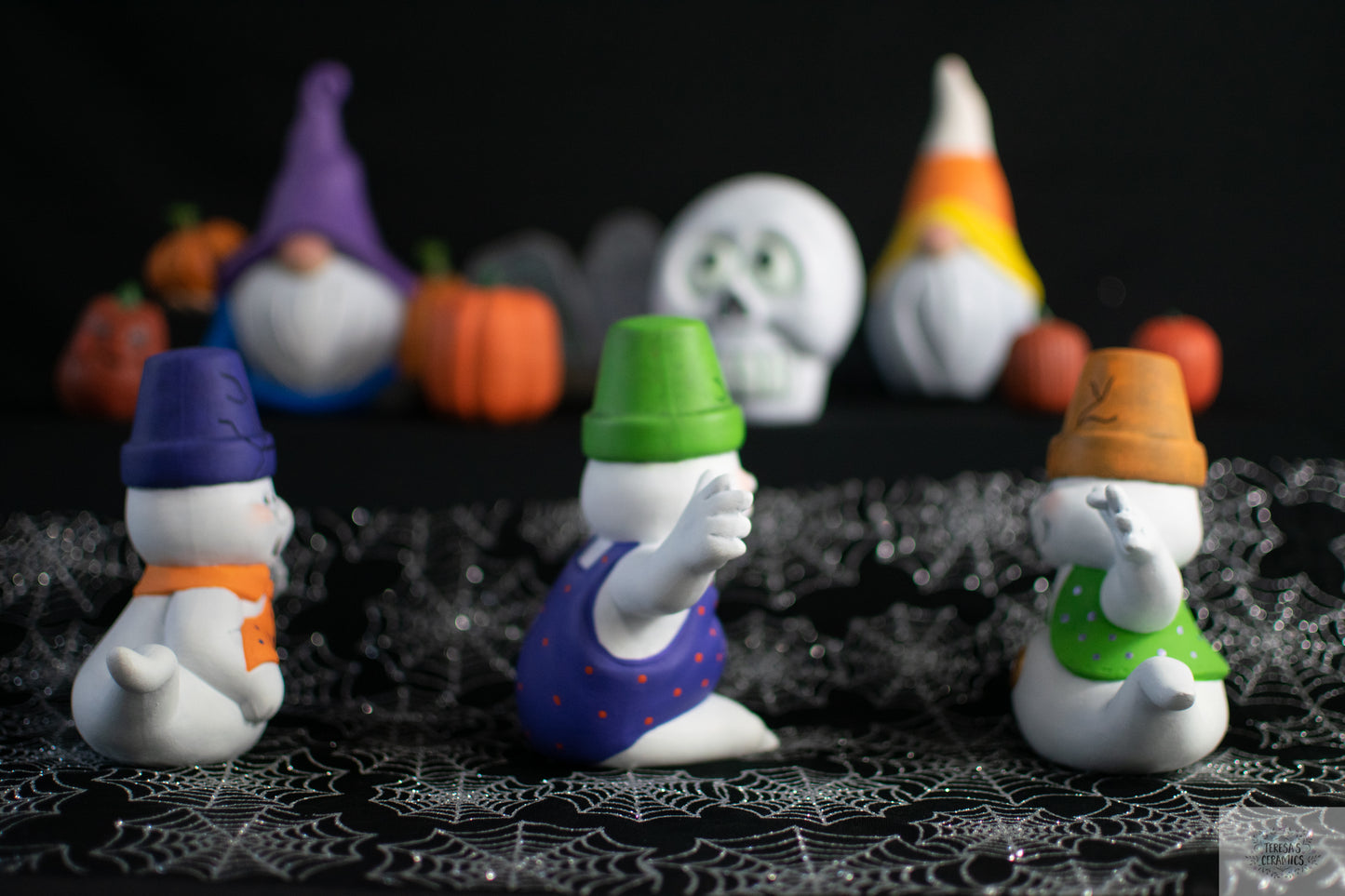 Terra Cotta Ghost Trio | Ceramic Crackpot Ghosts | Set of Three | Garden Ghost Decor | Halloween Ghost Decor | Boo Cake Topper