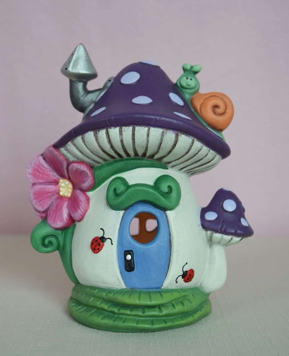 Mushroom Fairy  House - Polka Dot Fairy House - Purple Fairy House - Snail Fairy House - Lighted Fairy House -